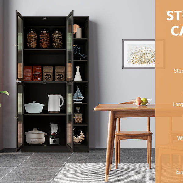 Black Shelf with Doors and Glass Closing Doors